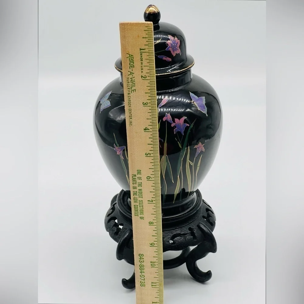 Ornate Japanese Black Glazed Ceramic Ginger Jar